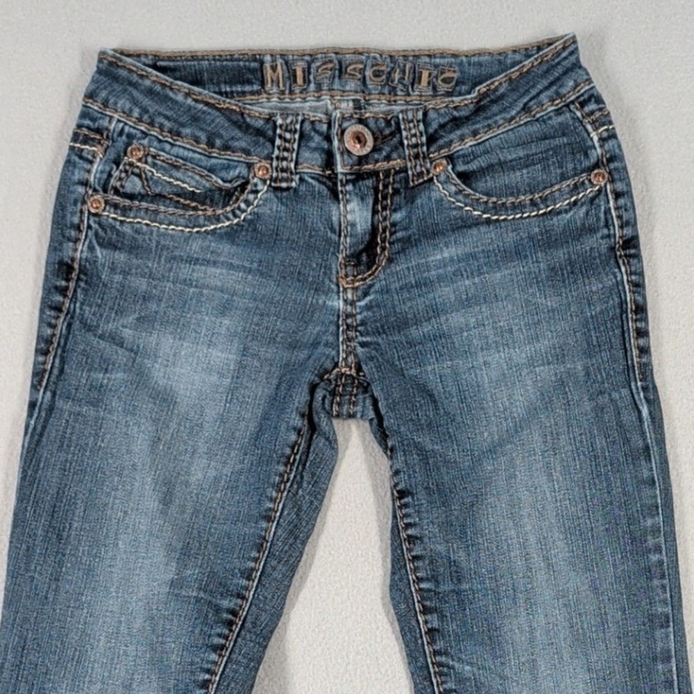 Miss Chic Jeans Womens 3 Blue Denim Low Rise Bootcut Embellished Flap Pocket - Picture 2 of 16